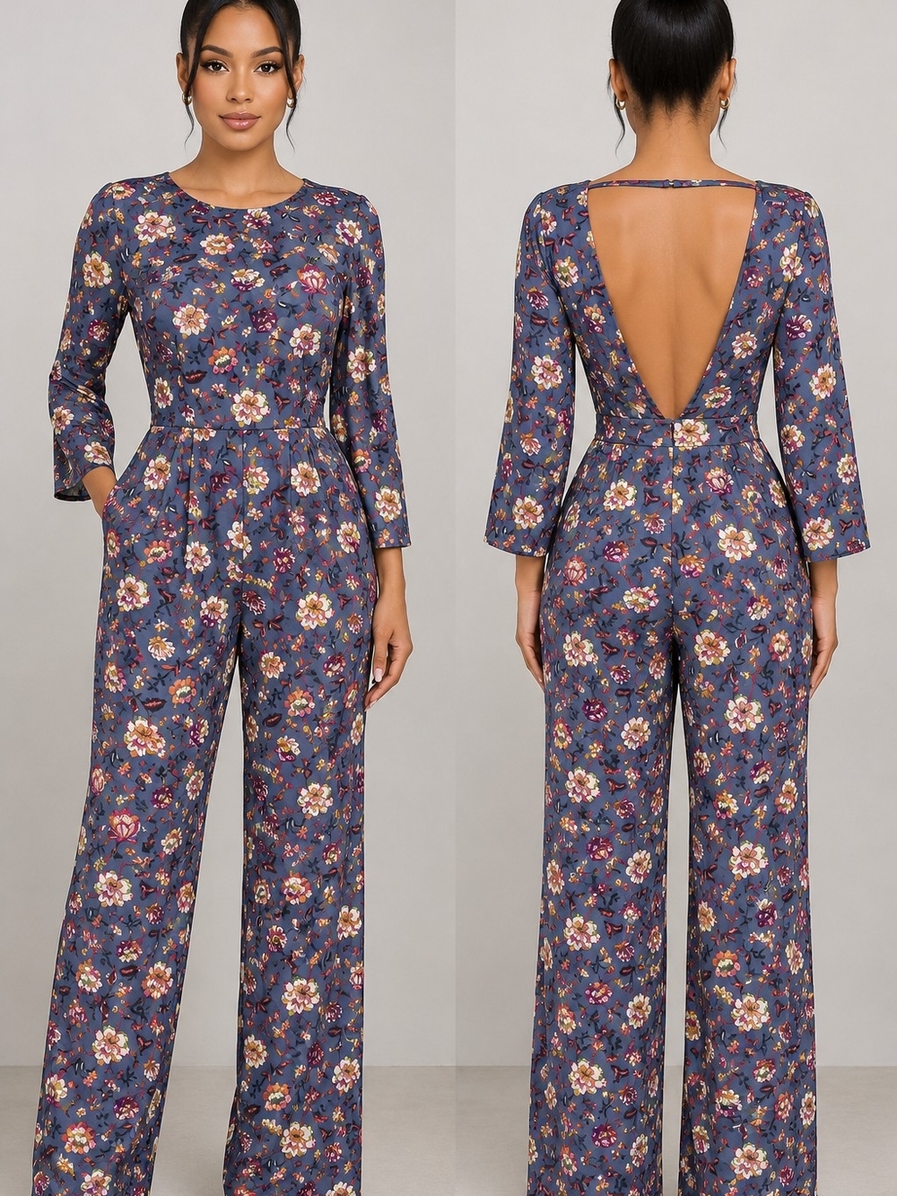 Victoria's Secret Blue Floral Backless Wide-Leg Jumpsuit